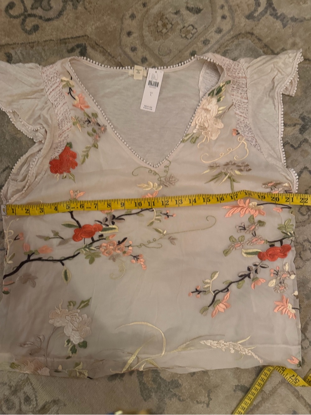 Anthropologie Cream Floral Embroidered V-Neck Blouse - Picture 4 of 5